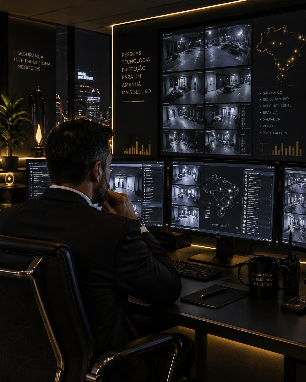 Especialista em segurança patrimonial analisando projeto de monitoramento corporativo
